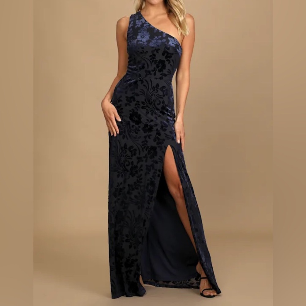 Lulus Marvelous Moi Navy Blue Burnout Velvet One-Shoulder Maxi Dress